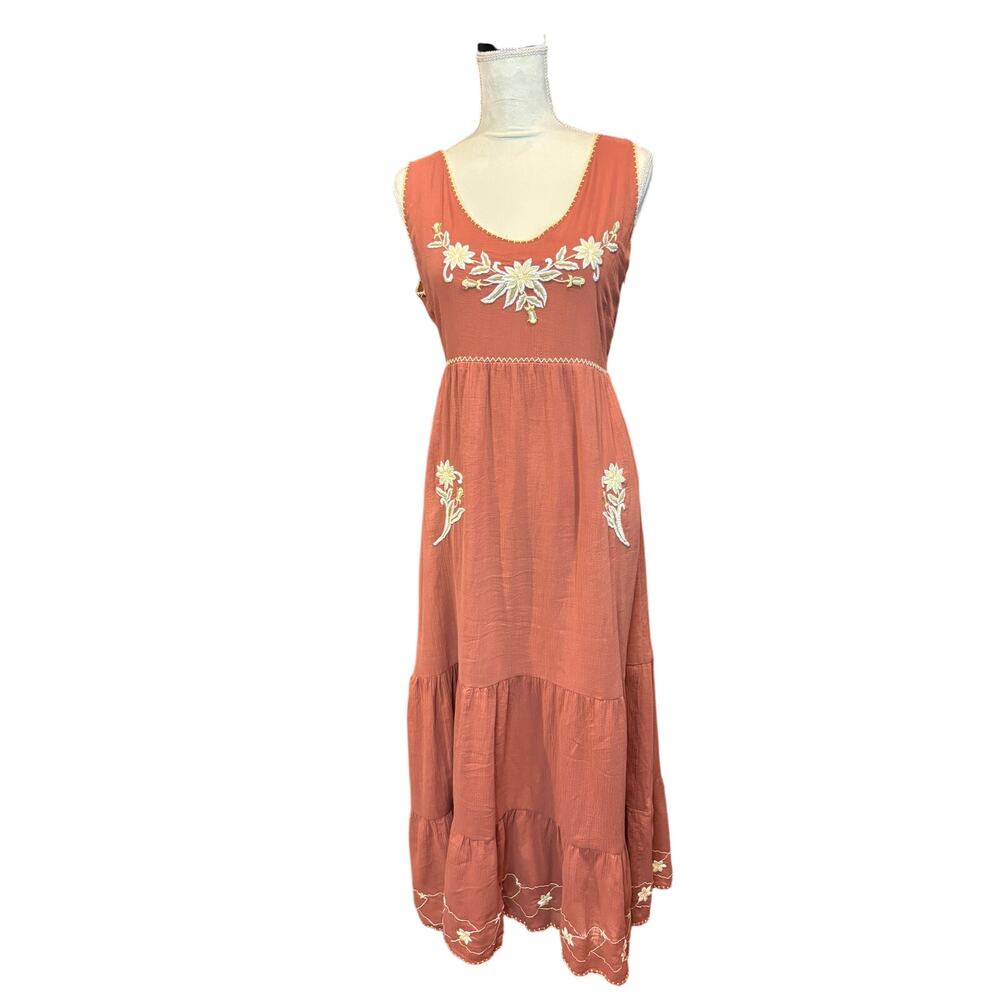 BNWT Chasing Unicorns Embroidered Tiered Boho Maxi Dress Terracotta